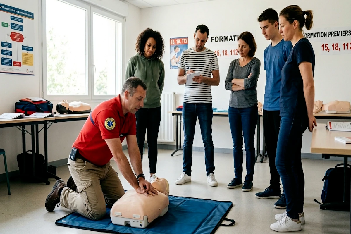 Formateur réalisant une formation premiers secours pour limiter les risques professionnels en hôtellerie