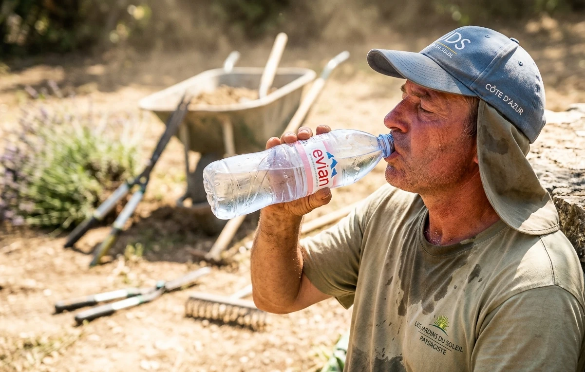 Paysagiste prévenant un coup de chaleur au travail en buvant de l'eau